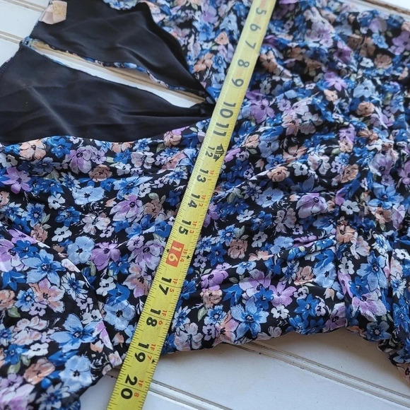 Allison & Kelly Dress Womens Blue Floral Short Slv Keyhole Mesh Rutched Ruffle M - Picture 8 of 16